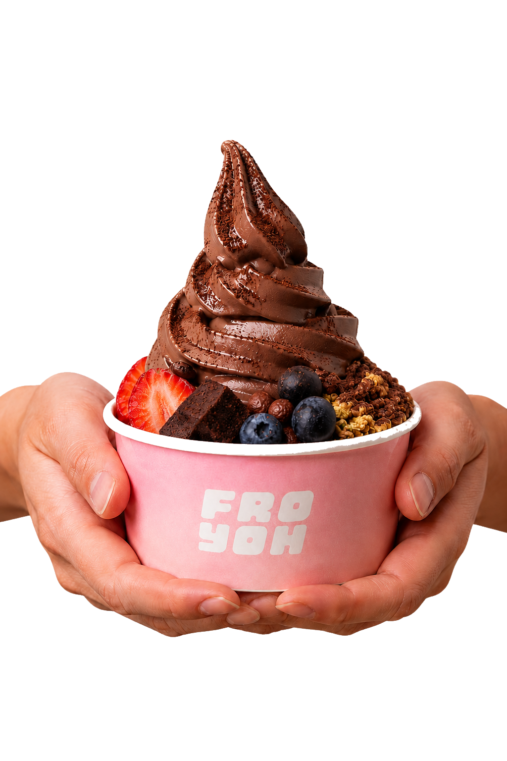 Hands holding a cup of Fro Yoh frozen yogurt
