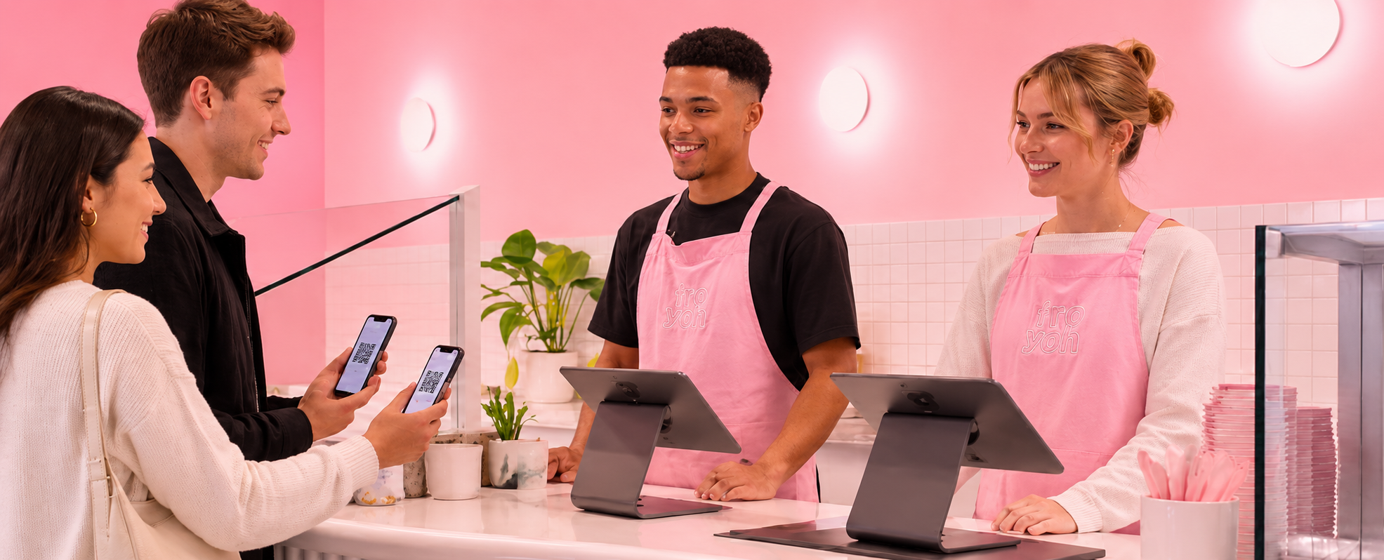 Customers scanning the Fro Yoh rewards QR at the counter